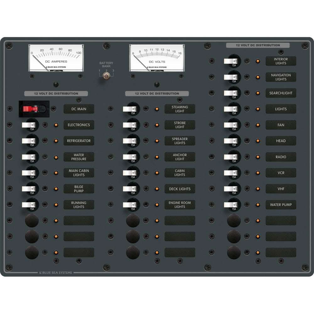 Blue Sea 8382 breaker panel with 36 DC positions, ammeter, voltmeter, and labeled switches