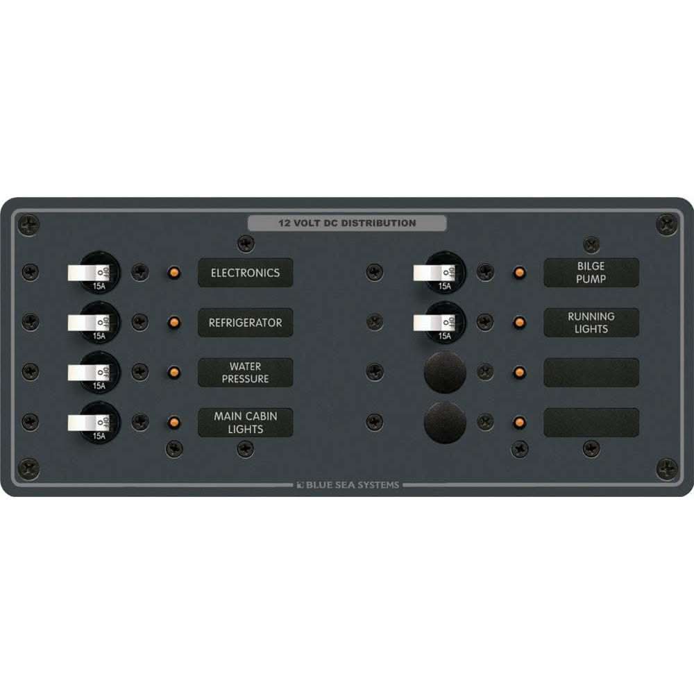 Blue Sea 8385 DC 8 position horizontal marine electrical panel with labeled switches and circuit breakers