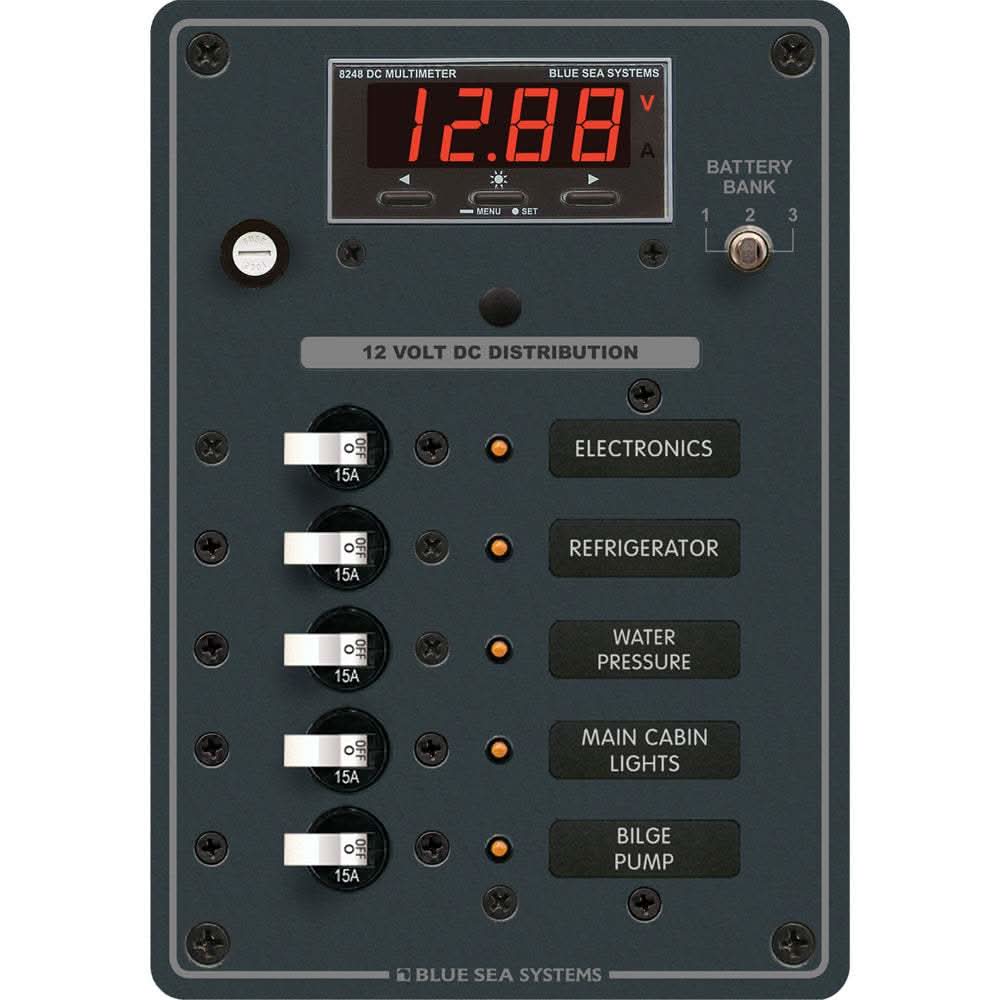 BLUE SEA 8401 DC 5-position breaker panel with multi-function meter and 12V distribution labels