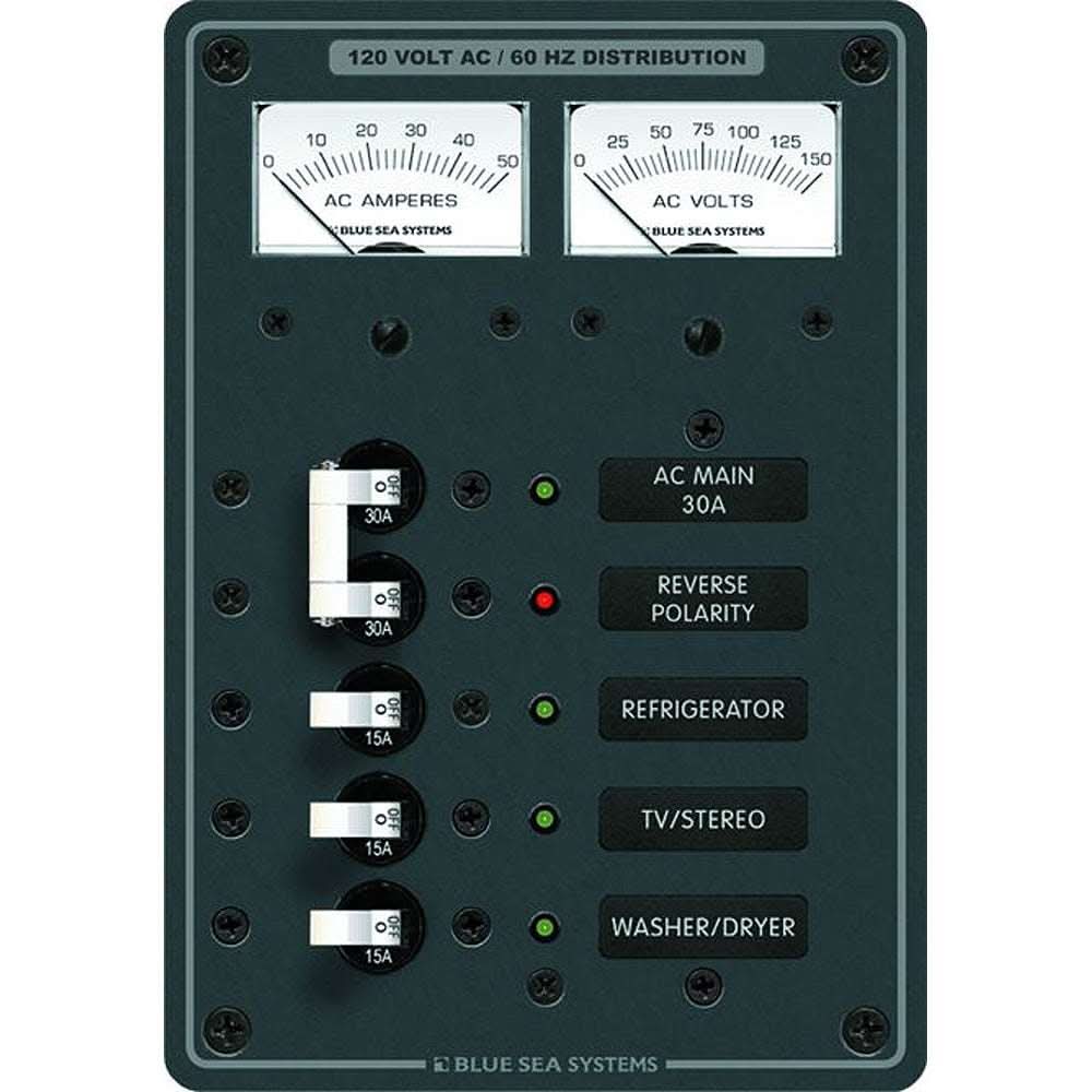 Blue Sea 8409 breaker panel 120VAC 5 position main with amperes and volts meters