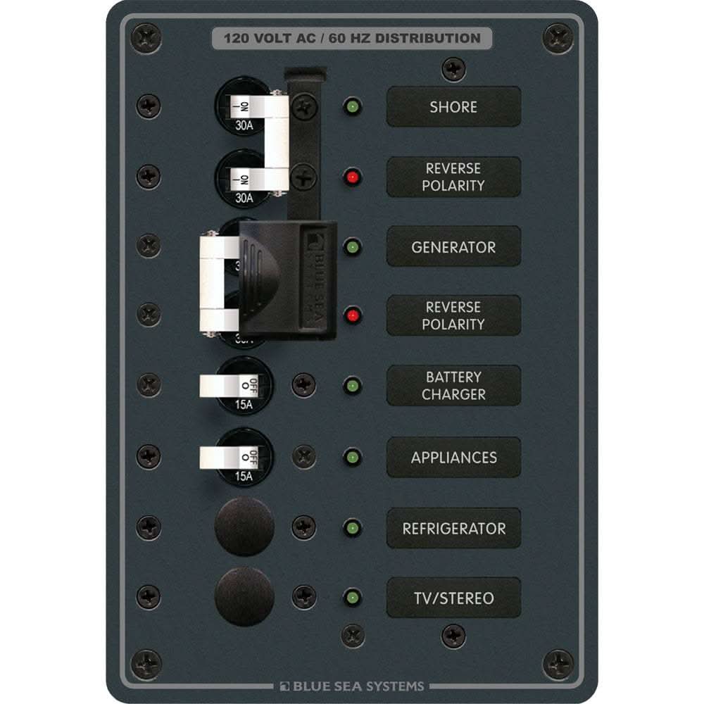 Blue Sea 8467 AC electrical panel with 2 sources and 4 positions, circuit breakers, and LED indicators