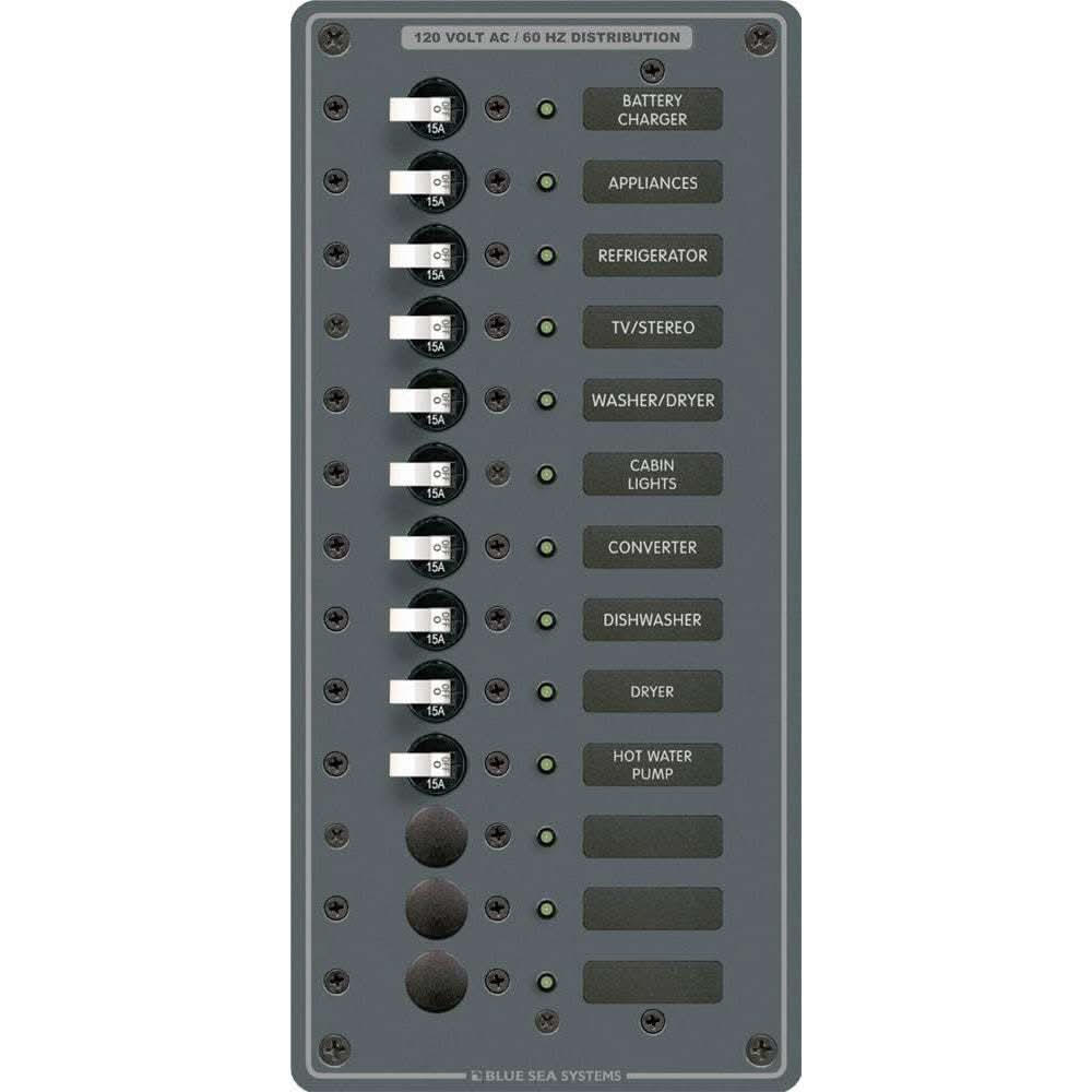 BLUE SEA 8480 breaker panel with 13 positions, 120VAC, black switches, and backlit circuit labels