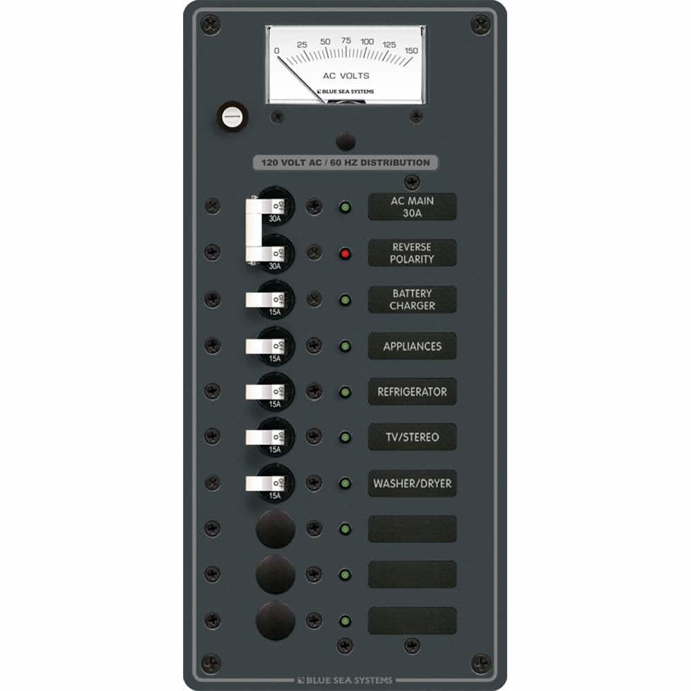 Blue Sea 8488 breaker panel 120VAC 10 position black with 30A double and 15A single breakers and reverse polarity LED indicator