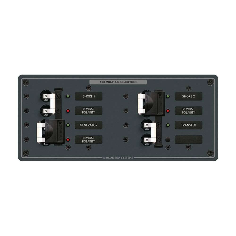 Blue Sea 8498 Breaker Panel white with AC 3 sources, 30A and 50A double pole breakers, reverse polarity LED indicators, and backlit circuit labels