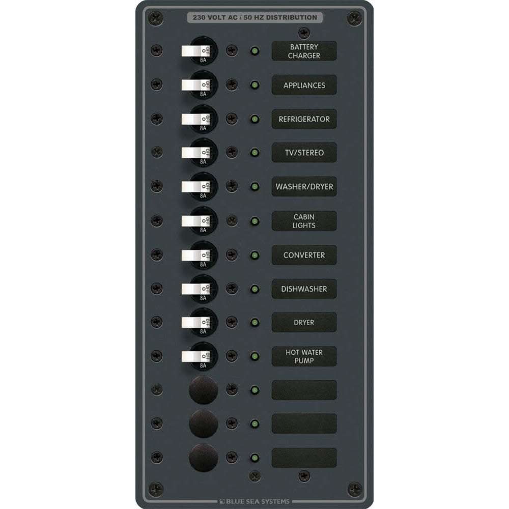 Blue Sea 8580 AC 13 position 230v breaker panel with white switches and labeled circuit breakers