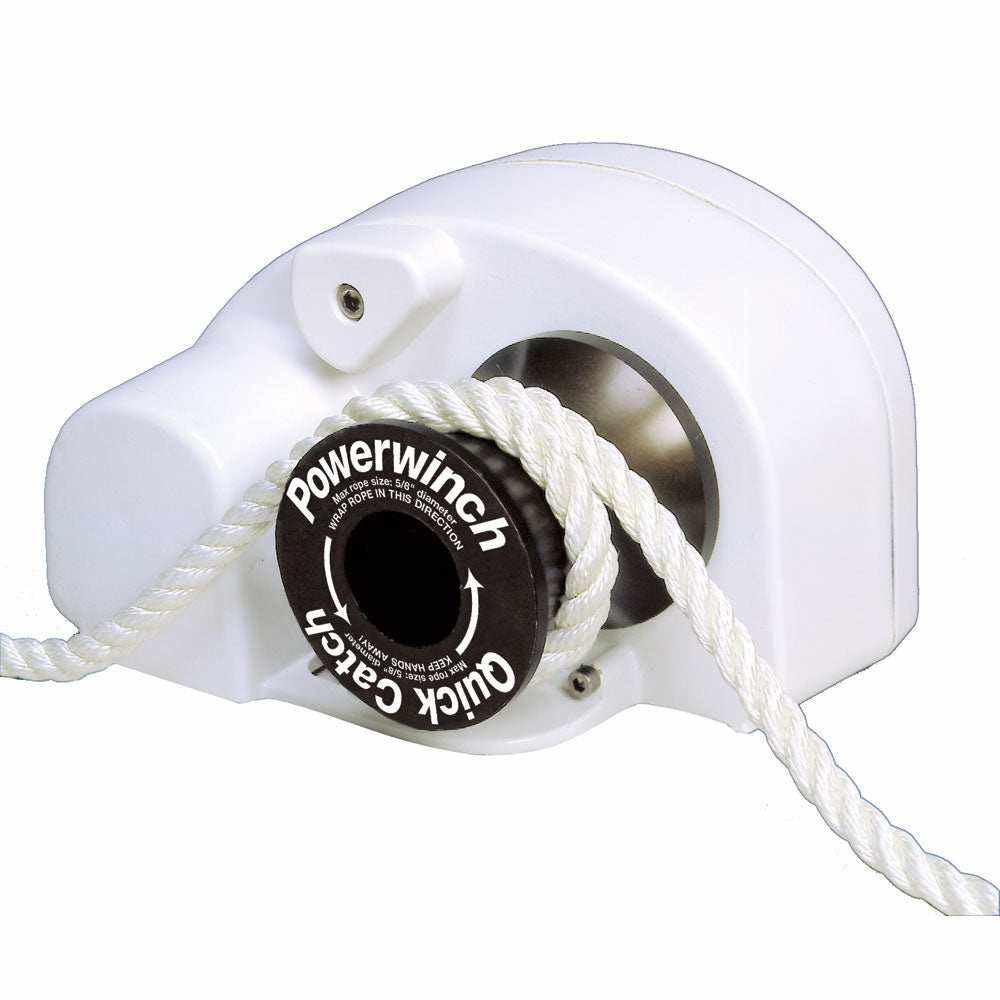 Powerwinch Quick Catch Pot Puller 12V electric winch with 200 lb pull capacity and foot control for fast lobster pot retrieval