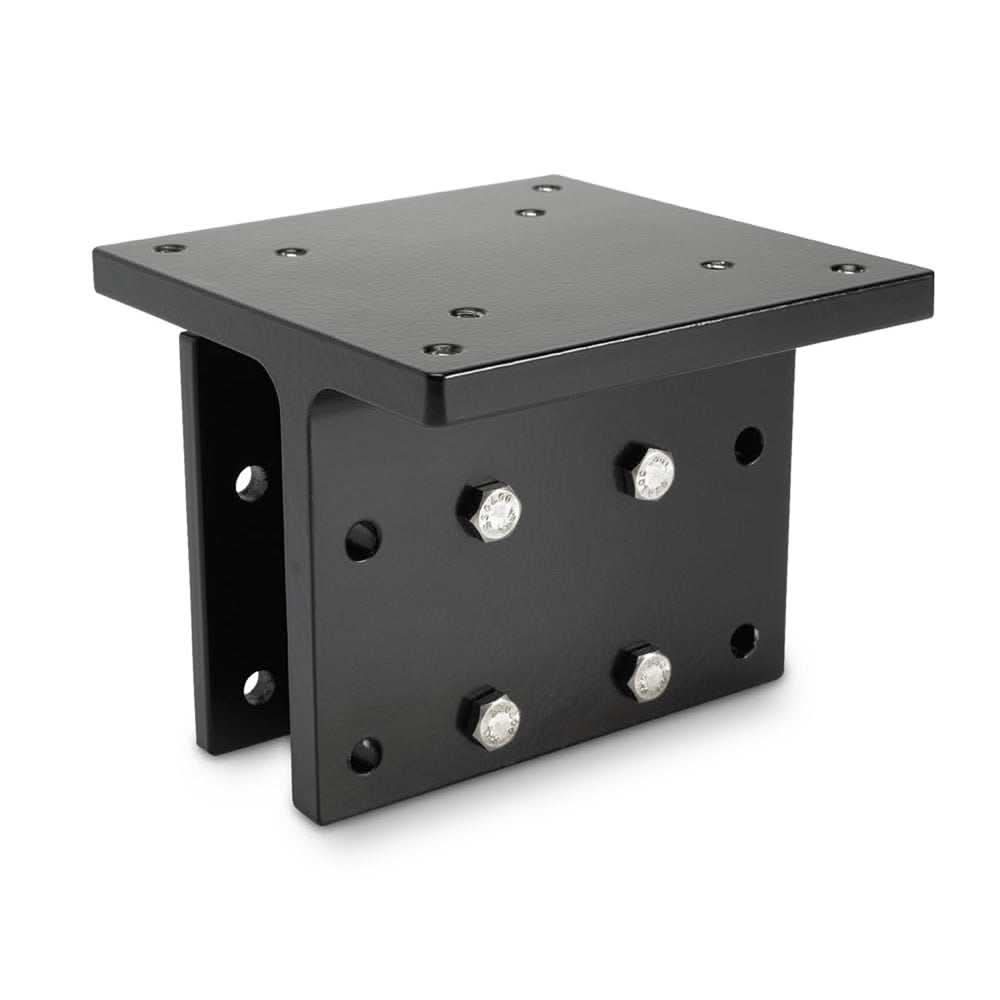 Black aluminum Cannon Rail side mount for securing downriggers on boat rails without drilling