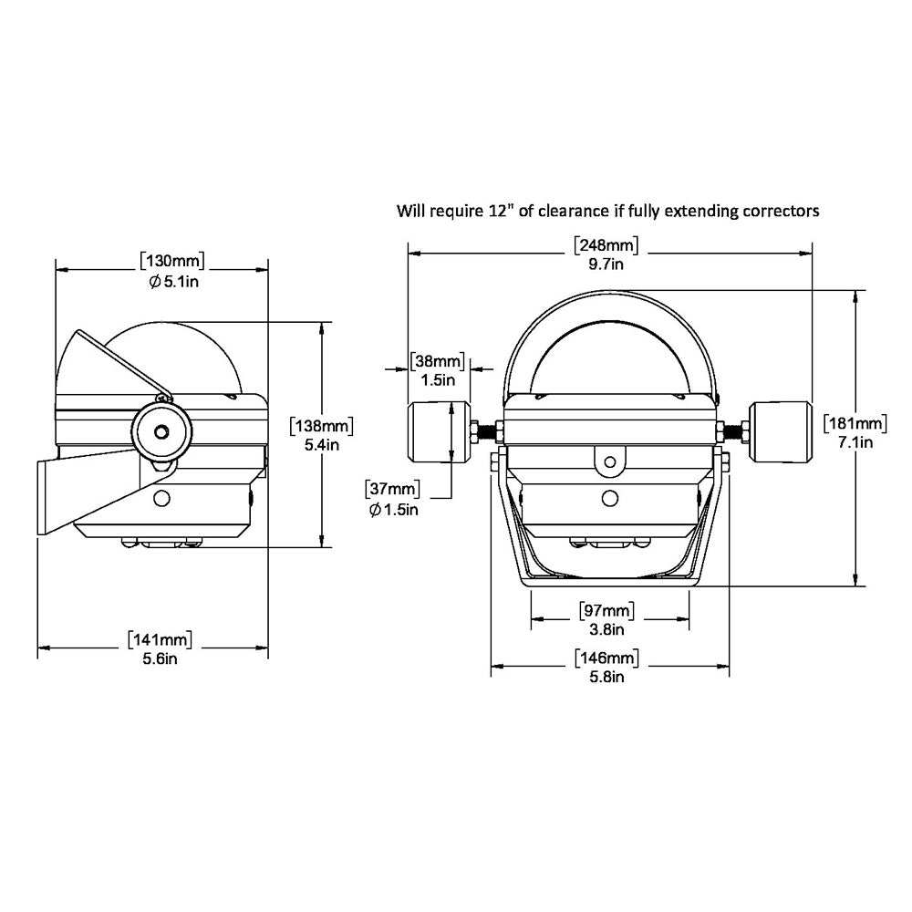 Technical drawing of Ritchie HB-845 Helmsman steel boat compass with bracket mount and measurements