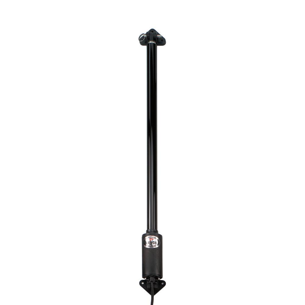 Lenco 12Volt black electric hatch lift with stainless steel mounting brackets and inline motor design.
