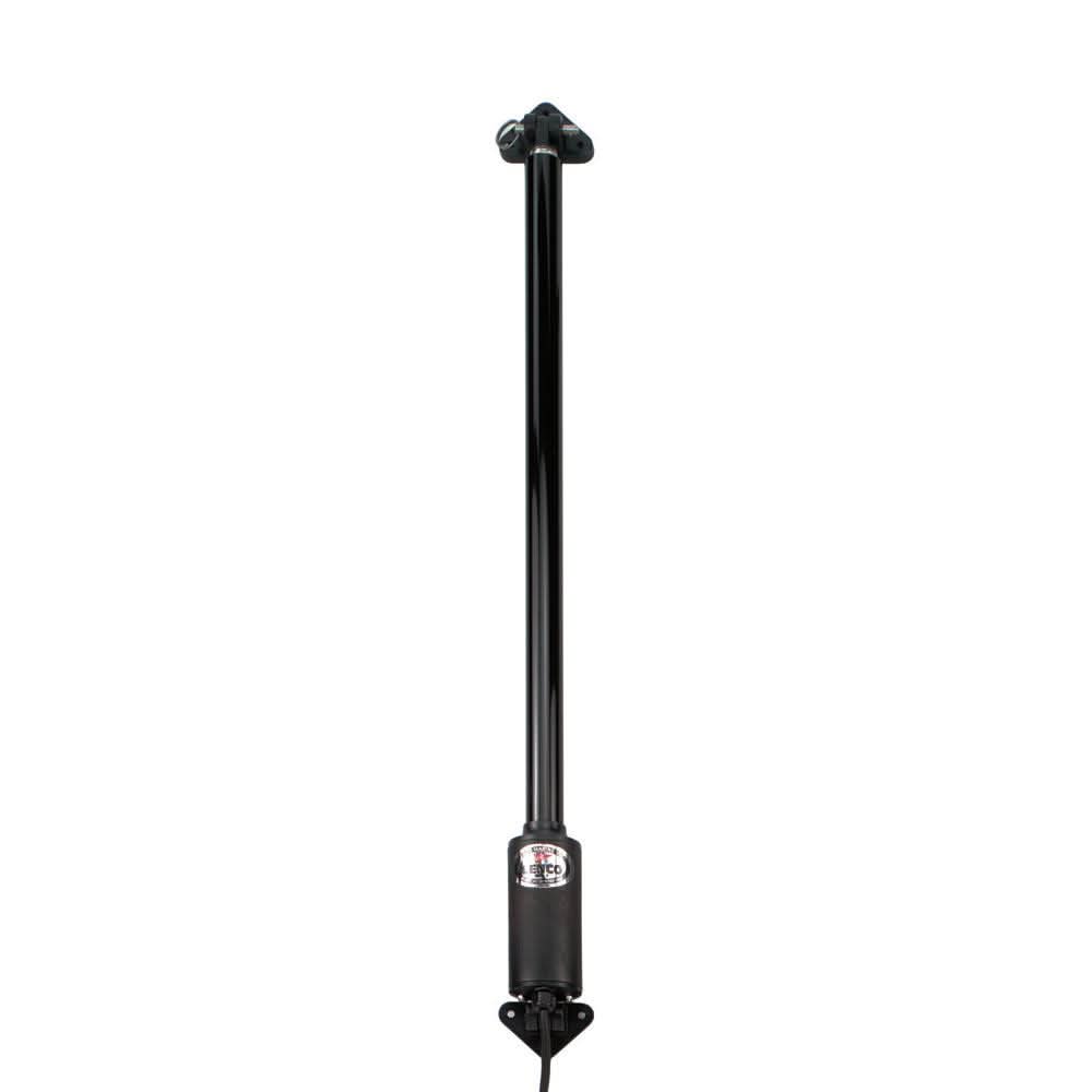 Lenco 12Volt black electric hatch lift with stainless steel mounting brackets and inline motor design.