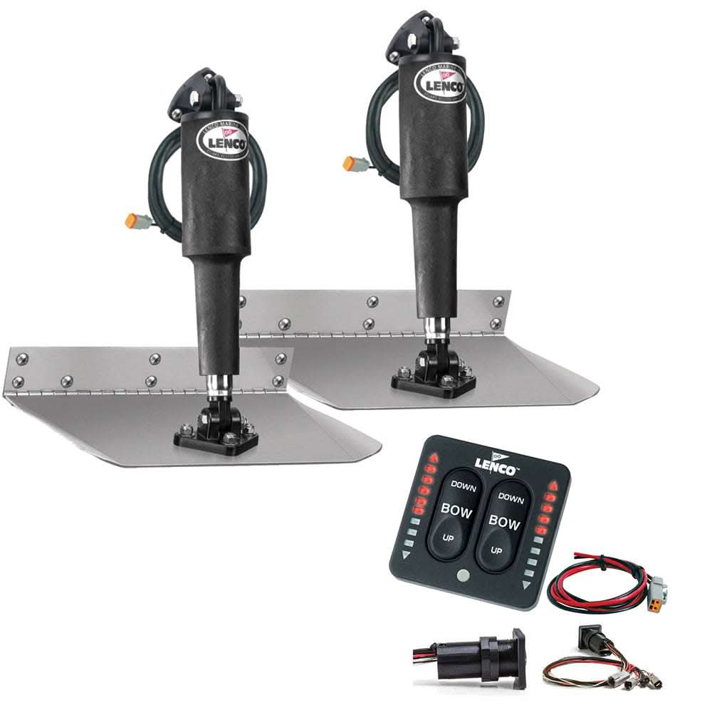 Lenco 9" x 12" stainless steel marine trim tab kit with 12V electric-hydraulic actuators and LED indicator switch for boat stability and control