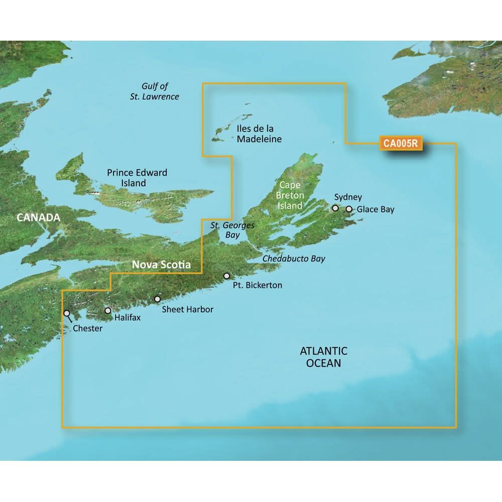 Garmin BlueChart g3 Vision HD map showing coverage area from Halifax to Cape Breton and nearby waters