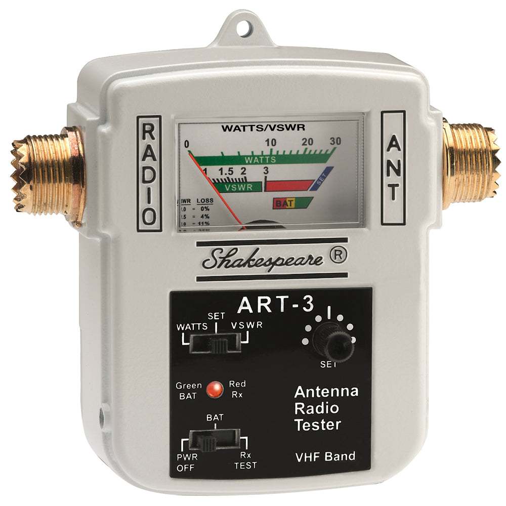 Shakespeare ART-3 antenna radio tester with watt and VSWR meter for VHF band, compact die-cast aluminum design