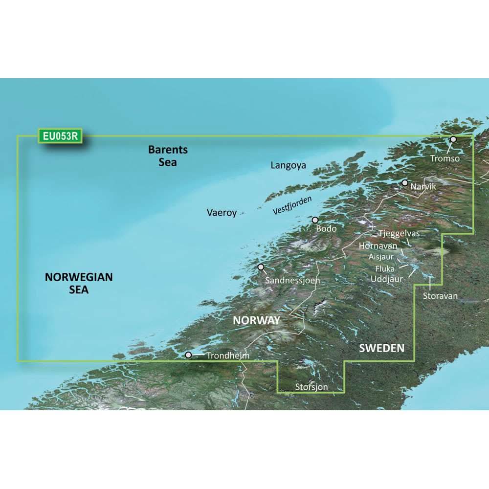 Garmin VEU053R SD card detailed coastal map coverage from Trondheim to Tromsø Norway
