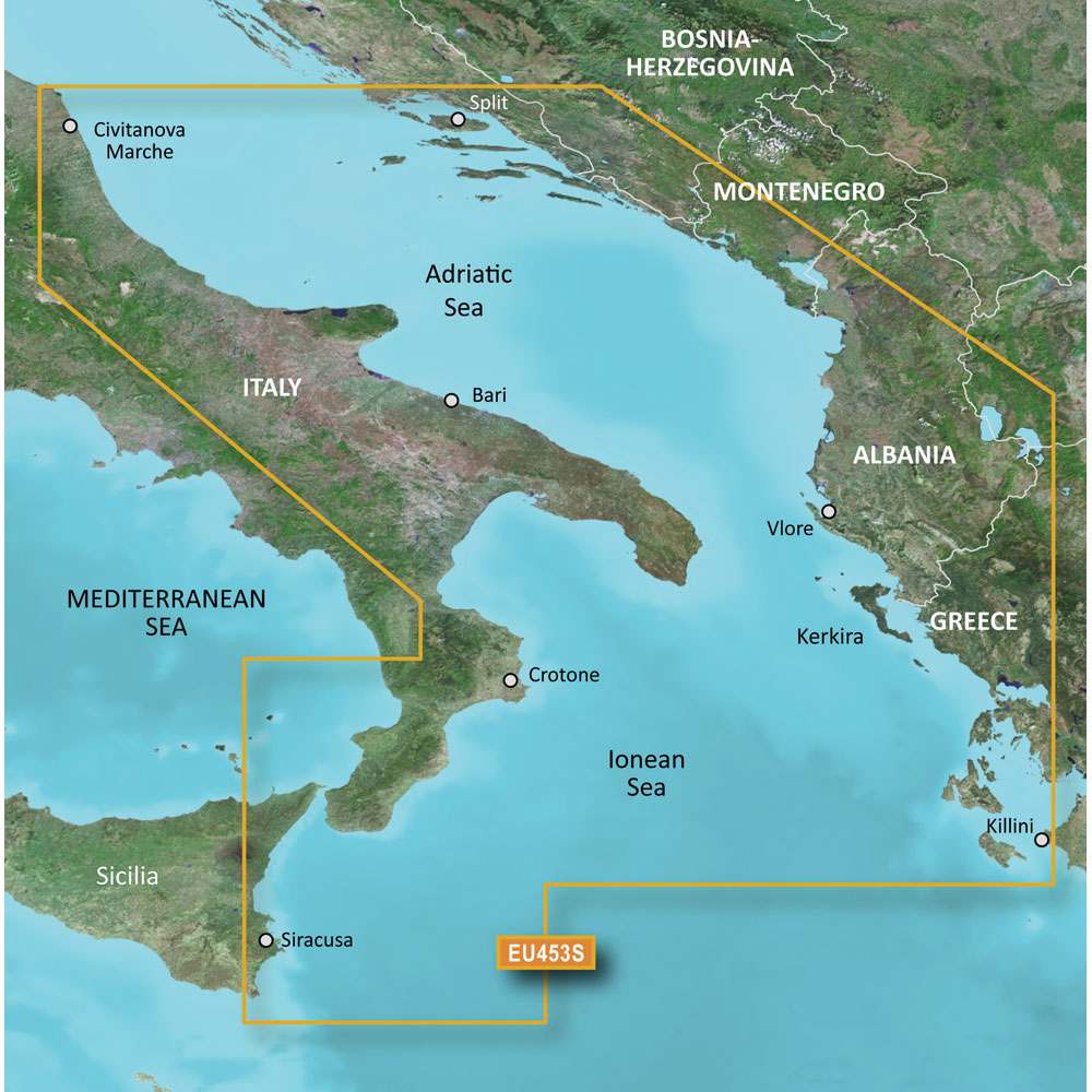 Garmin BlueChart g3 Vision HD map of Adriatic Sea south coast with detailed coastal coverage on microSD card