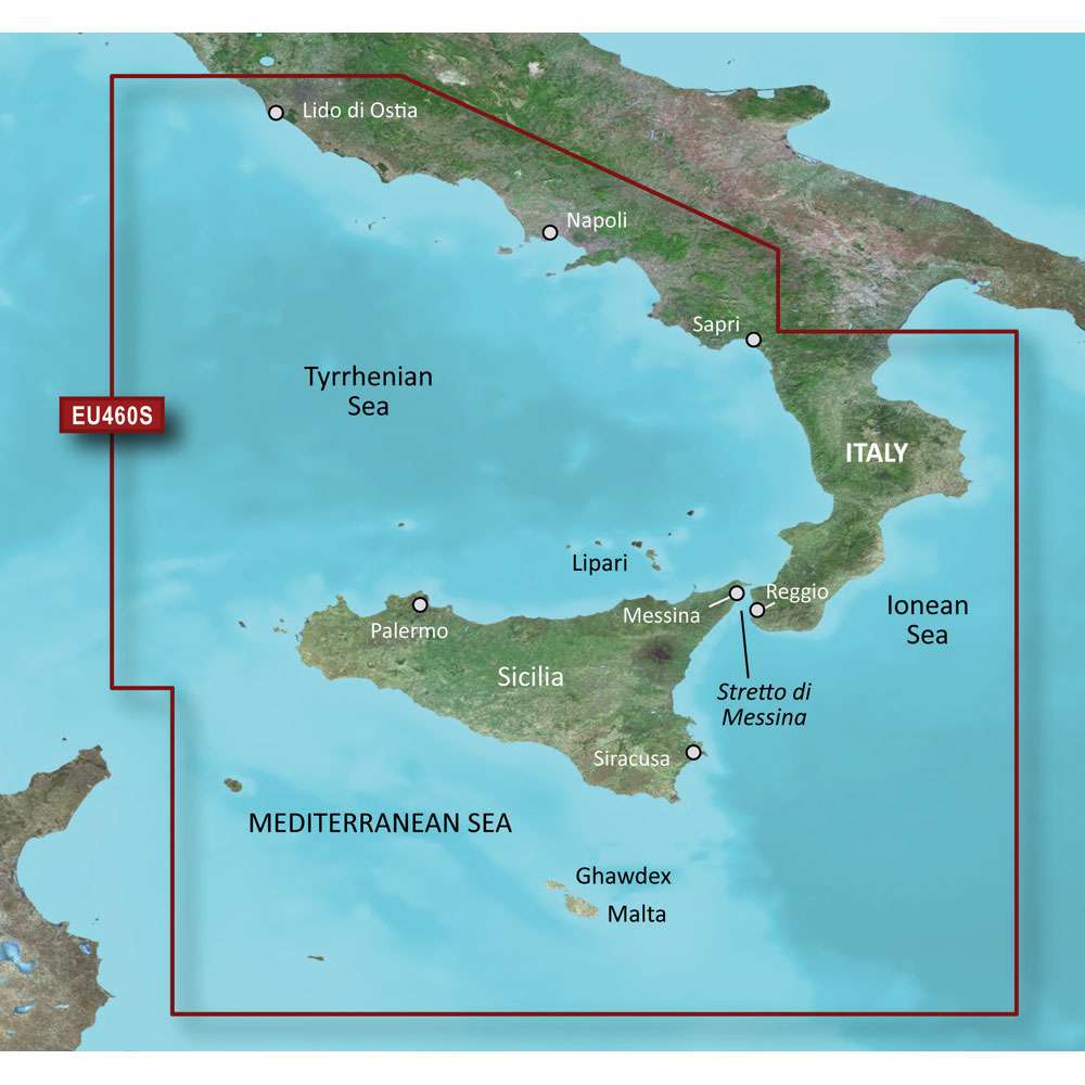 Garmin BlueChart g3 Vision HD detailed coastal chart coverage from Sicily to Lido di Ostia with high-resolution satellite imagery and advanced navigation features