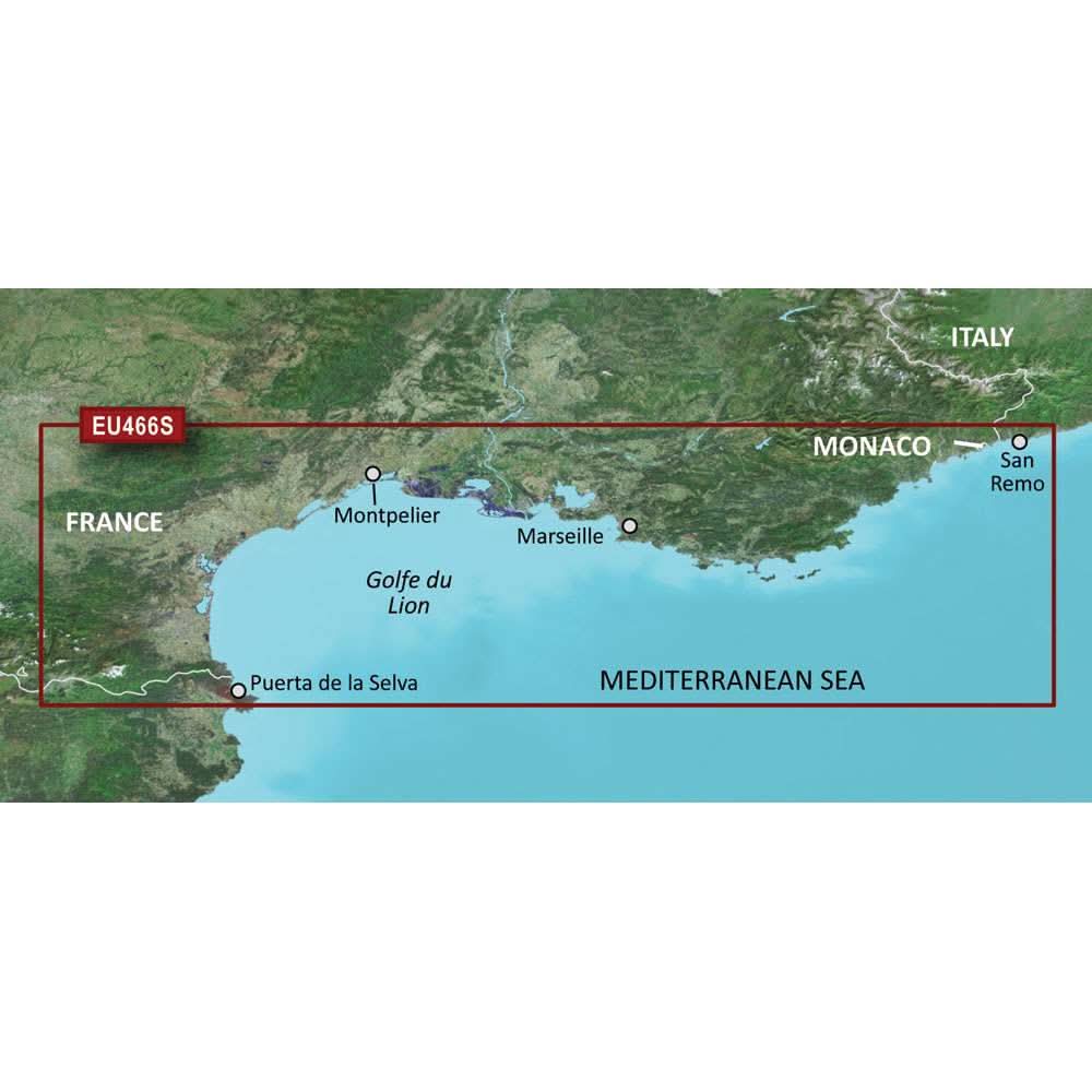 Garmin BlueChart g3 Vision HD coastal chart microSD from Golfe du Lion to San Remo with detailed maritime navigation and depth shading