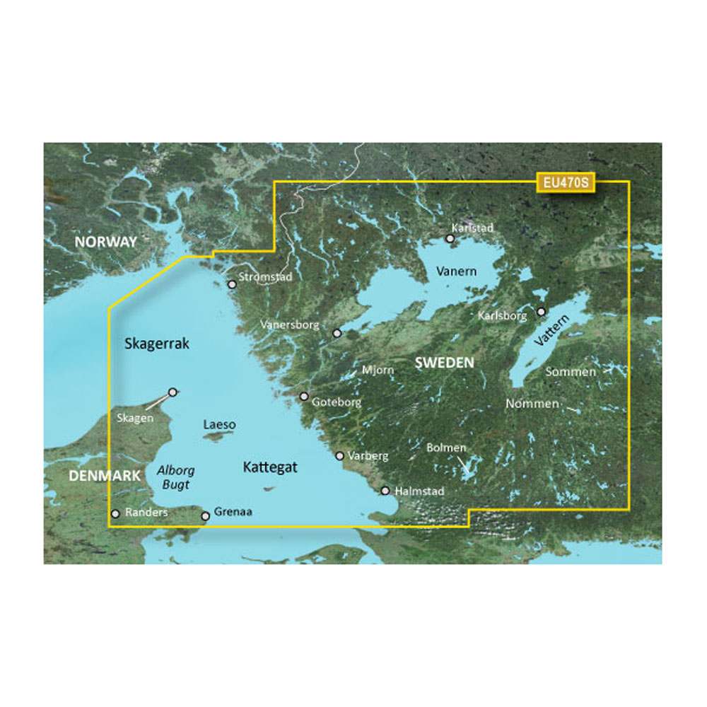 Garmin BlueChart g3 Vision HD microSD map showing coastal and lake coverage from Stromstad to Halmstad with detailed nautical charts and navigation features