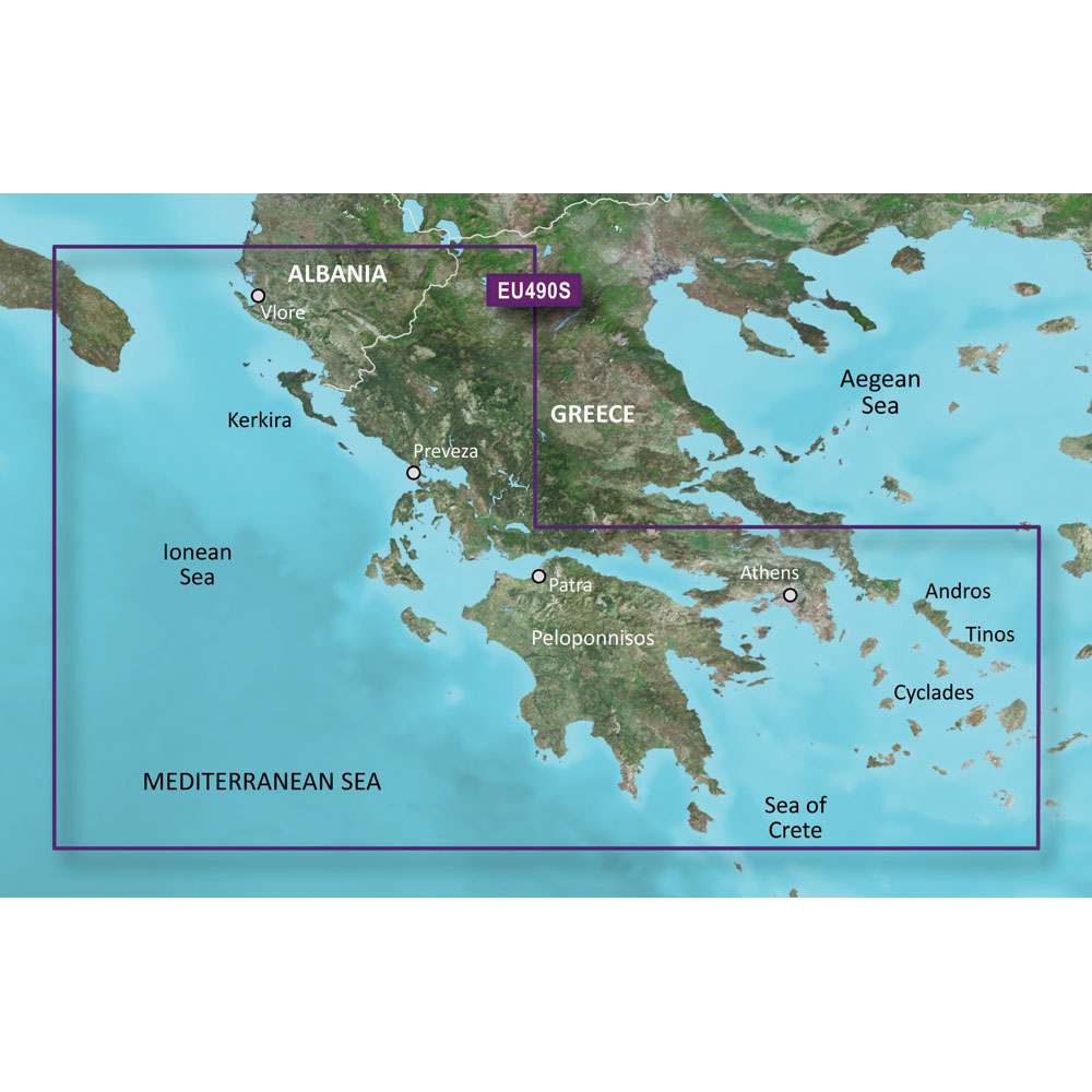 Garmin BlueChart g3 Vision HD microSD map showing Greece West Coast and Athens navigation charts