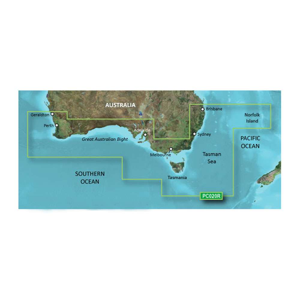 Garmin BlueChart g3 Vision HD microSD chart showing detailed Southern Australia coastal coverage including Brisbane, Geraldton, Sydney, Melbourne, Tasmania, and Norfolk Island navigation areas.