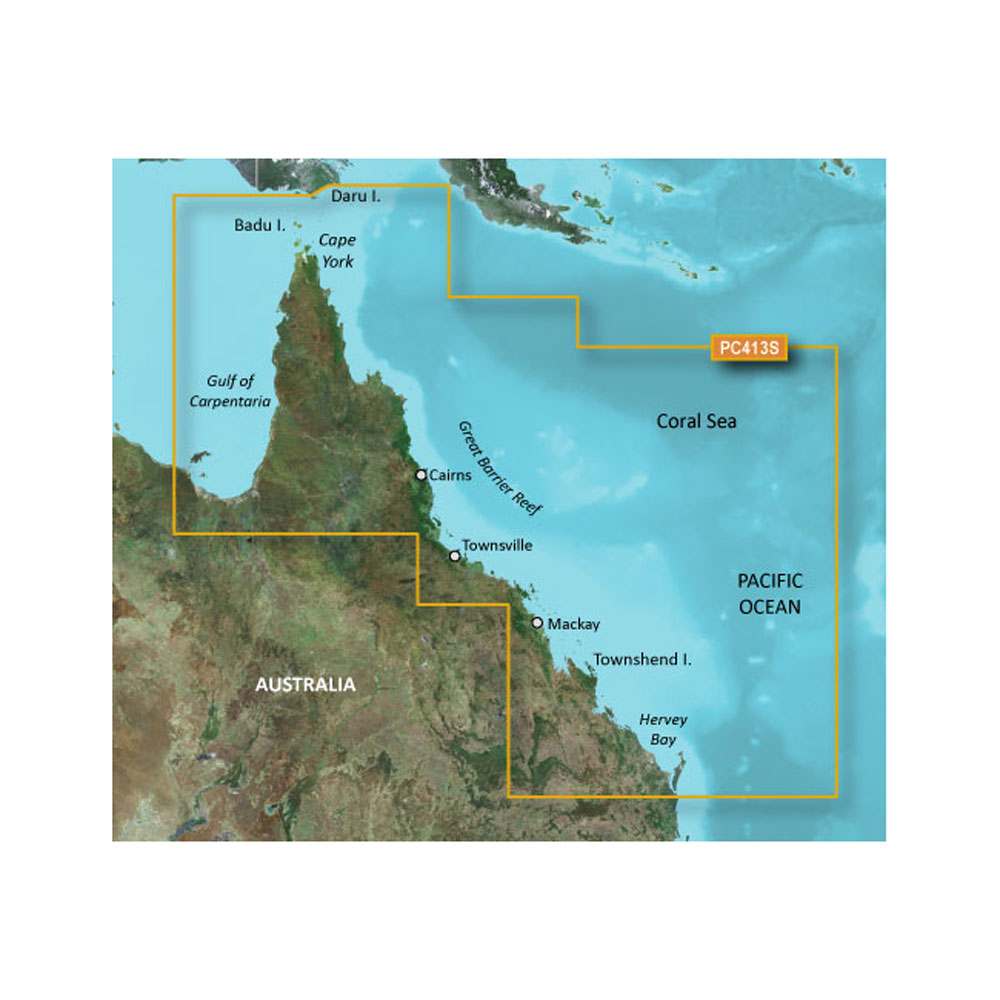 Garmin BlueChart g3 Vision HD nautical chart coverage of northeastern Australia from Mornington Island to Hervey Bay including Great Barrier Reef and ports