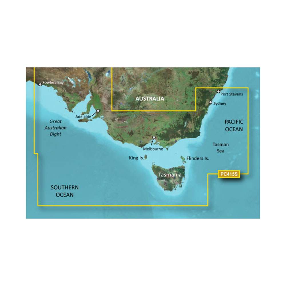 Garmin BlueChart map coverage of Southeastern Australia including Port Stephens to Fowlers Bay with detailed coastal navigation features and high-resolution satellite imagery.