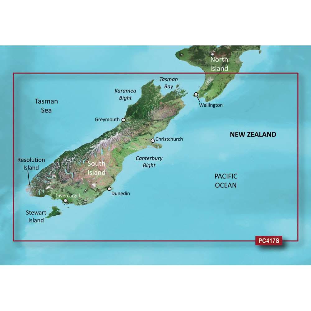 Garmin BlueChart g3 Vision HD detailed nautical chart coverage of New Zealand South Island including depth contours and satellite imagery