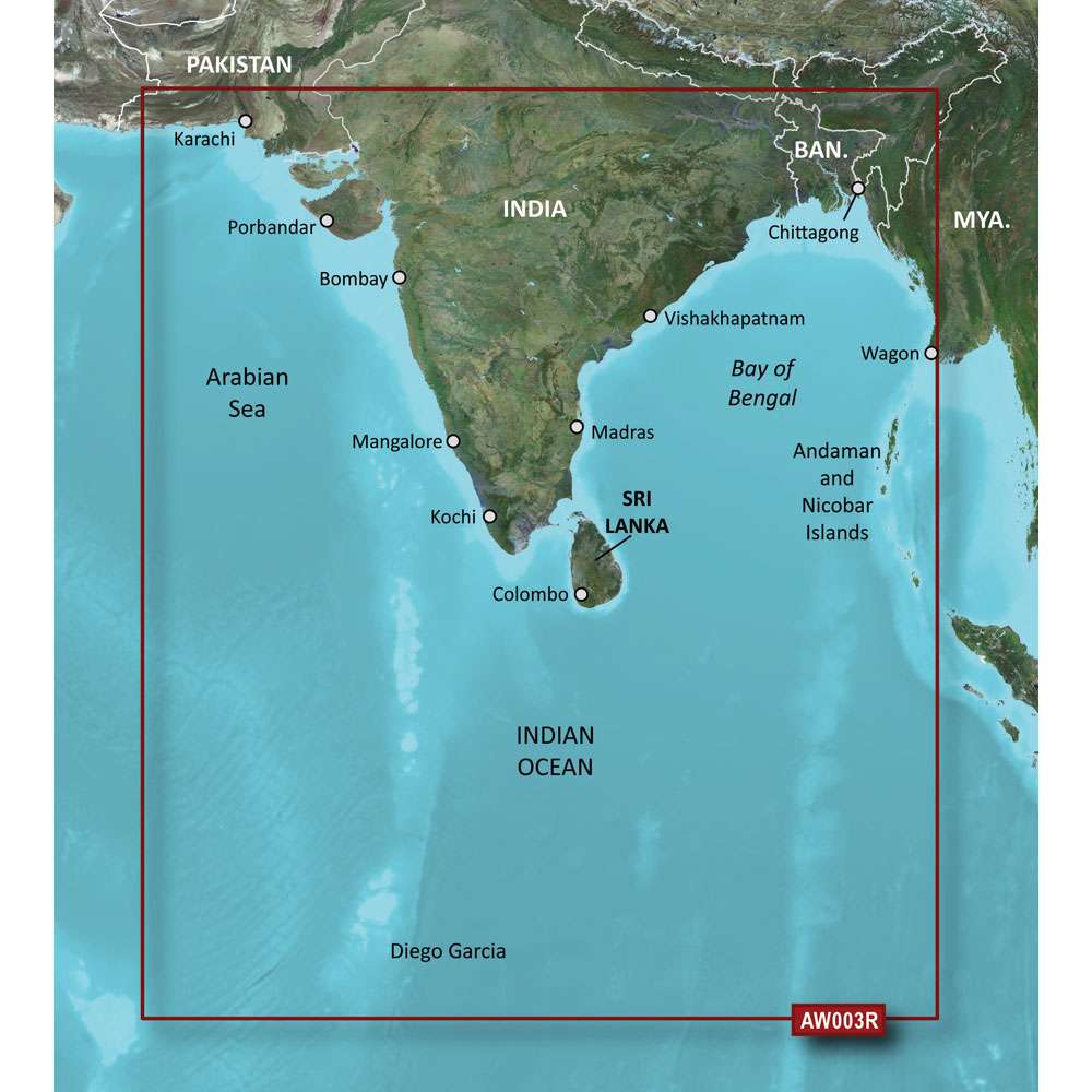 Garmin VAW003R Indian Subcontinent marine navigation SD card map with detailed coastal charts and 3D views