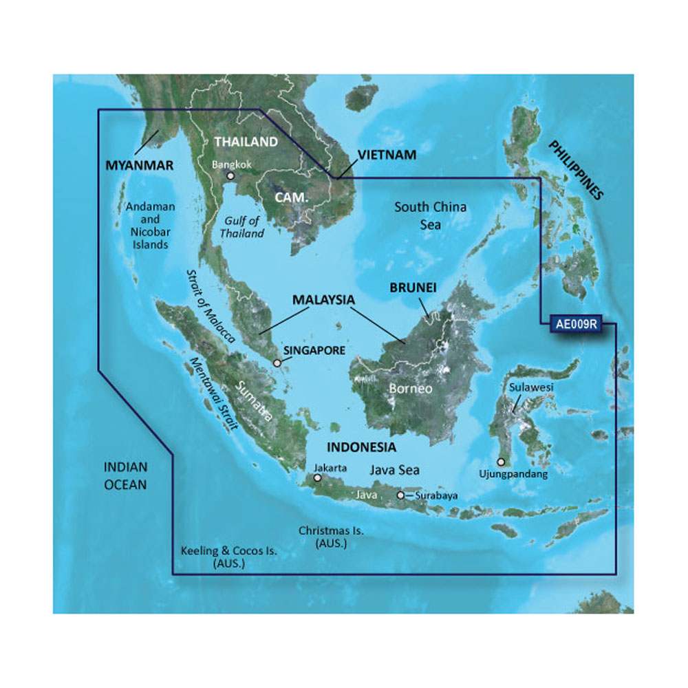 Garmin BlueChart® g3 Vision® HD marine chart coverage map for Southeast Asia including Malaysia, Indonesia, Singapore, and surrounding islands.