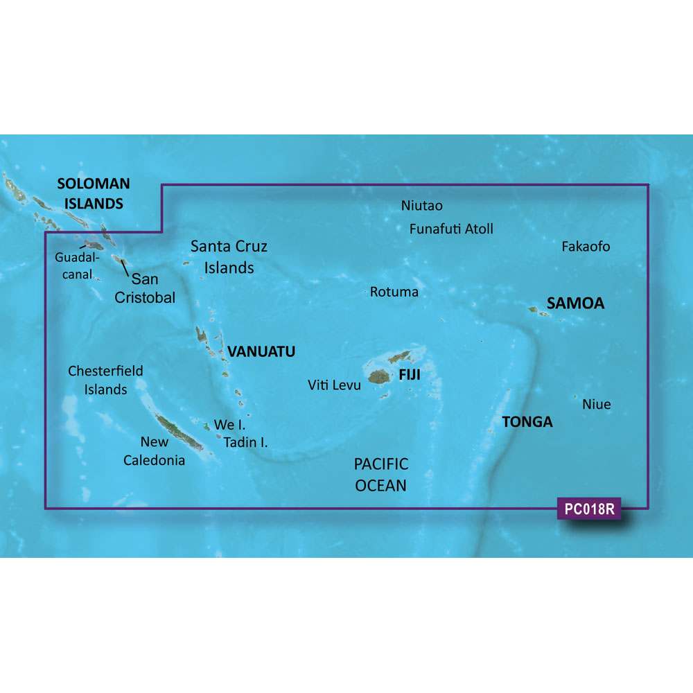 Garmin BlueChart g3 Vision HD marine chart coverage for New Caledonia, Fiji, Solomon Islands, Vanuatu, Tonga, Samoa, and surrounding Pacific Ocean islands on microSD/SD card.
