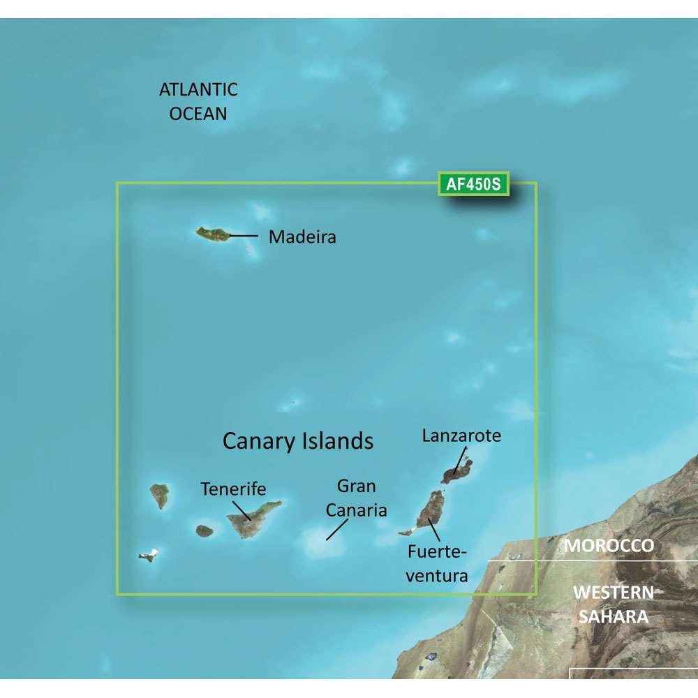 Garmin BlueChart g3 Vision HD marine chart coverage of Madeira and Canary Islands with detailed port maps and high-resolution satellite imagery