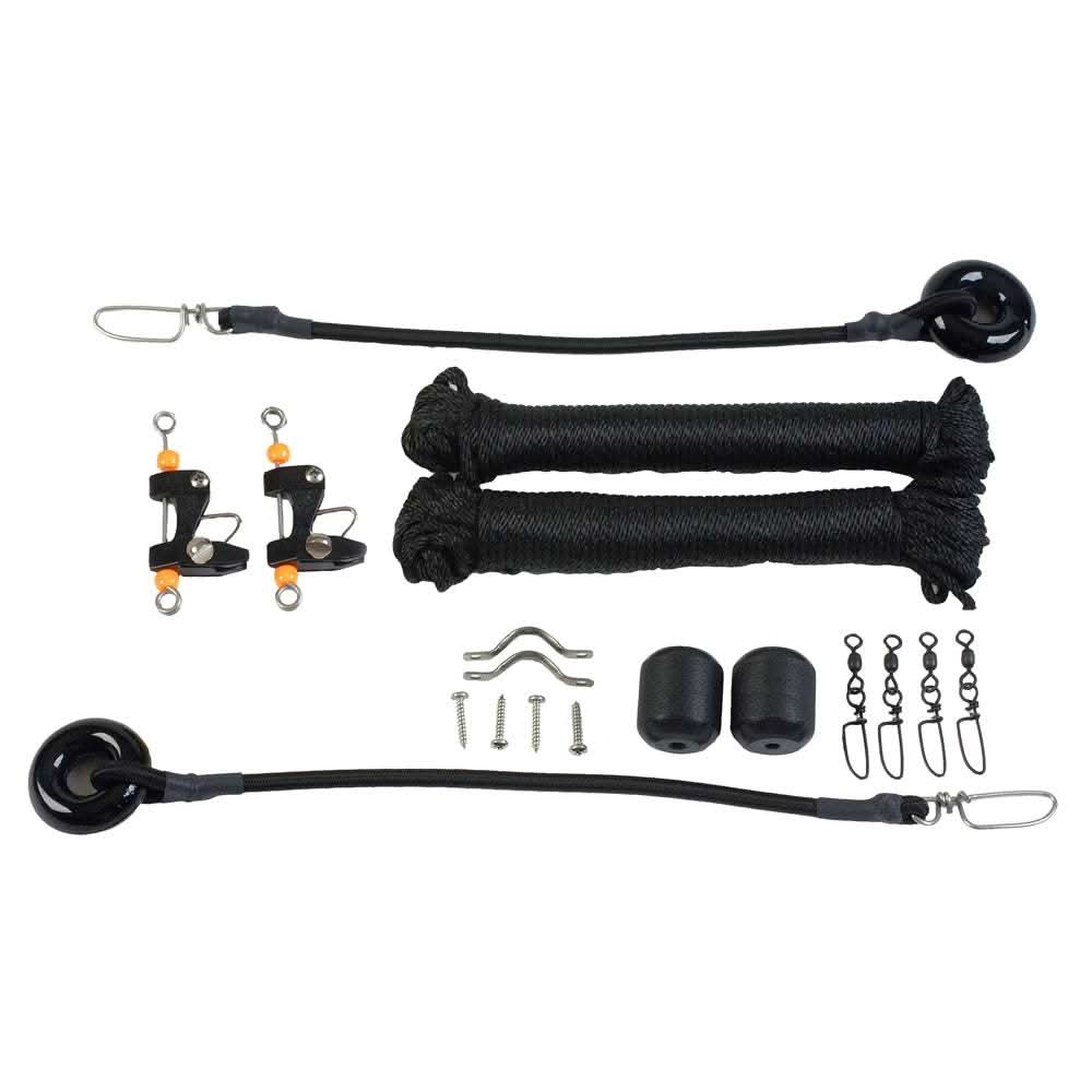 Lee's Single Rigging Kit with black braided lines, release clips, tension cords, eye straps, snap swivels, and ball stops for up to 25ft outriggers