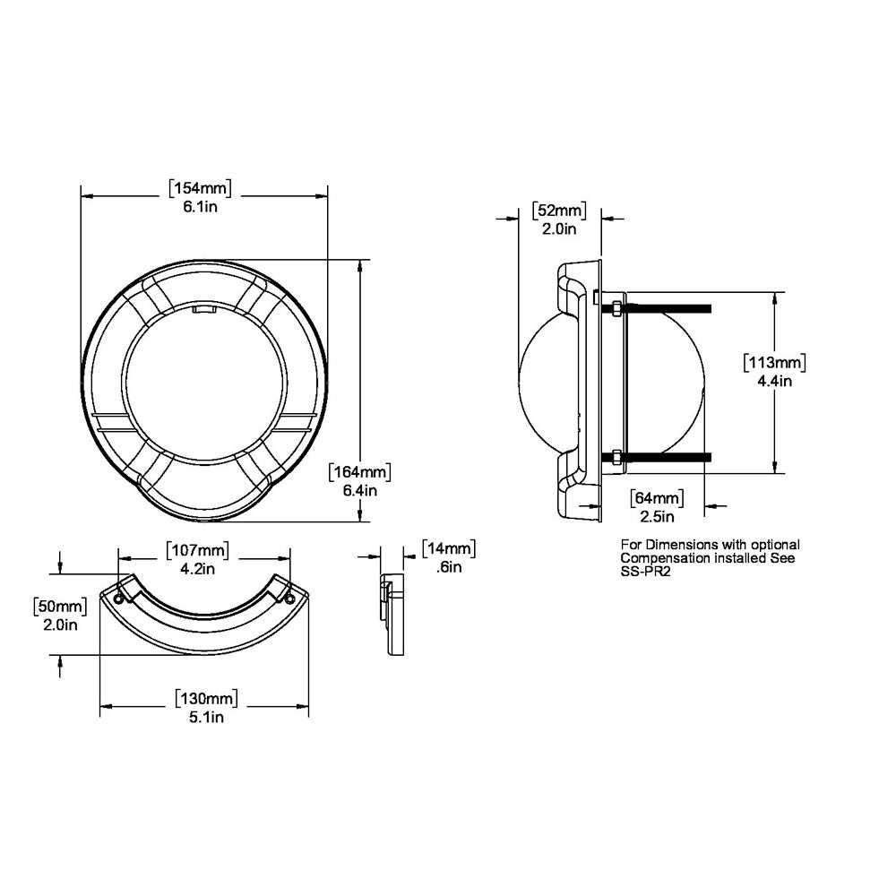 Ritchie SR-2 Venture Sail Boat Compass with Clinometer black bulkhead mount technical dimensions diagram