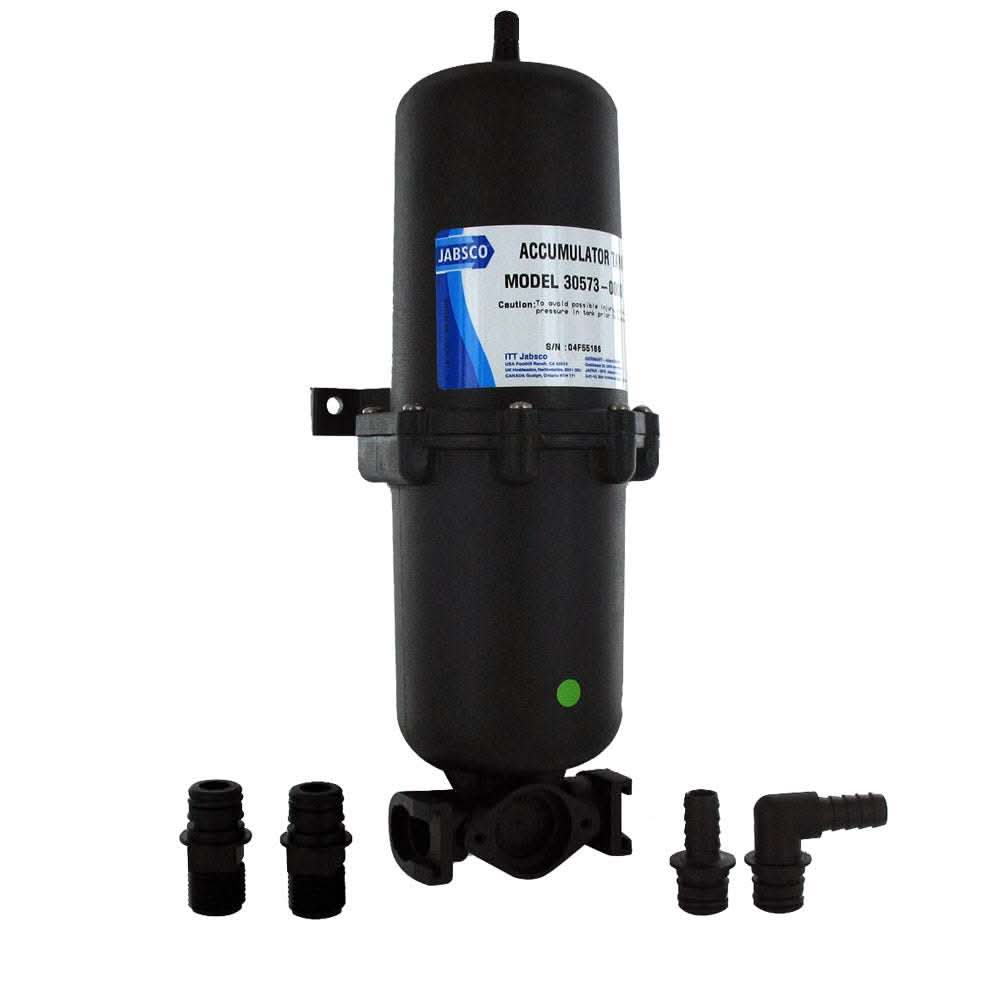 Jabsco 1L Accumulator Tank with internal bladder and assorted fittings for smoother water flow in pressure-controlled systems