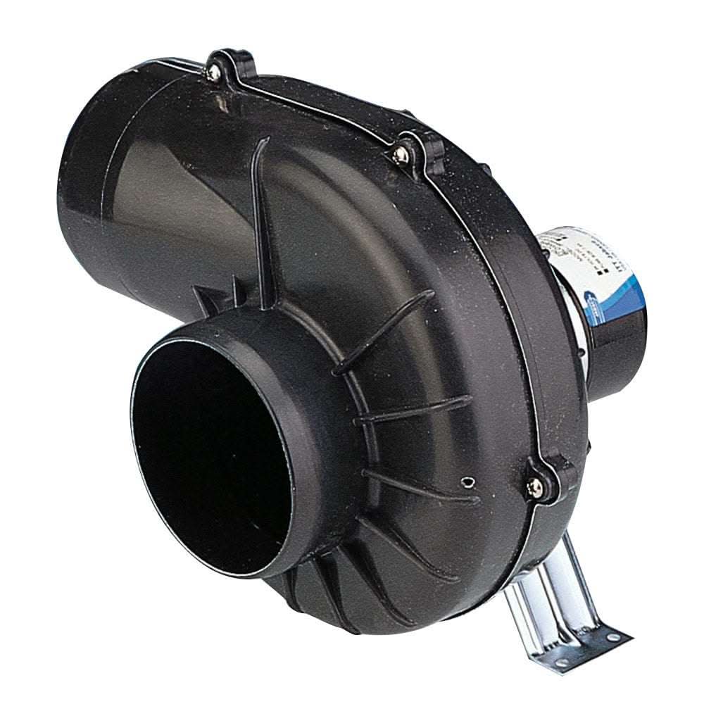 Jabsco 4 inch 250 CFM 12V Flexmount marine blower with reinforced plastic housing and universal mount bracket