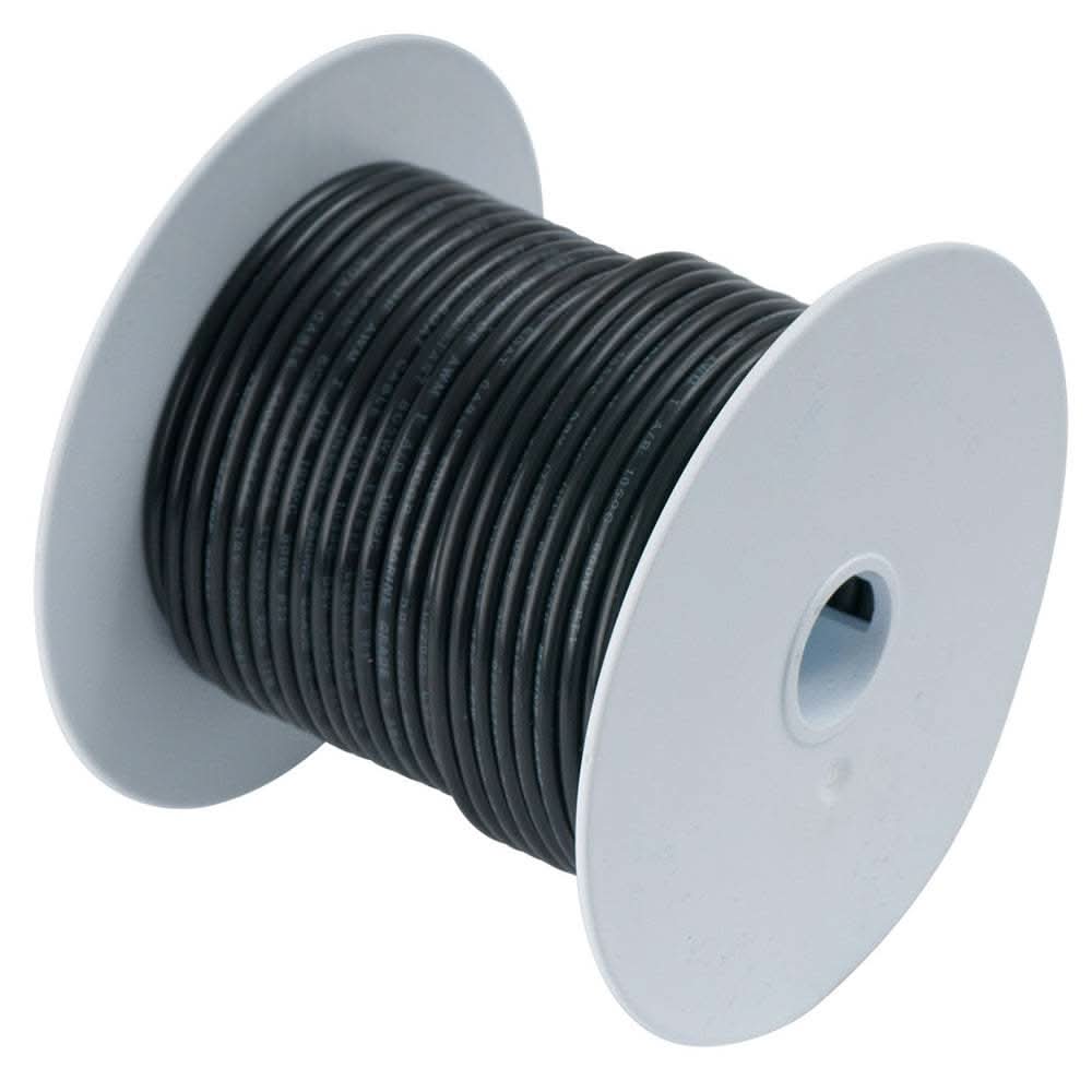 Ancor Black 2 AWG battery cable on white spool, 25 feet, marine grade tinned copper wire with flexible vinyl insulation