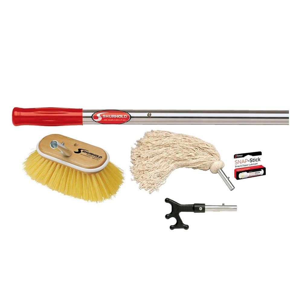 Shurhold Marine Maintenance Kit with telescoping handle, soft deck brush, cotton mop, boat hook, and Snap-Stick cleaner