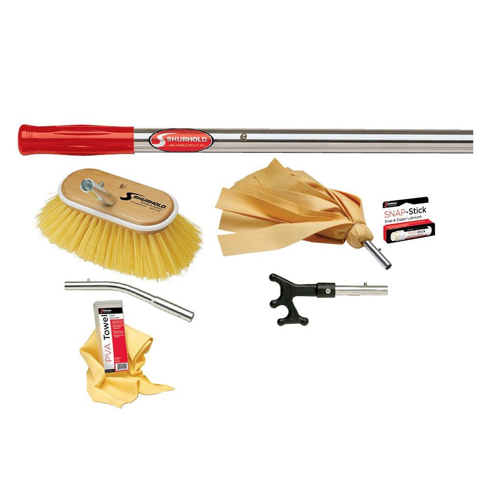 Shurhold Marine Maintenance Kit with telescoping handle, deck brush, boat hook, PVA towel, curved adapter, and Snap-Stick tube