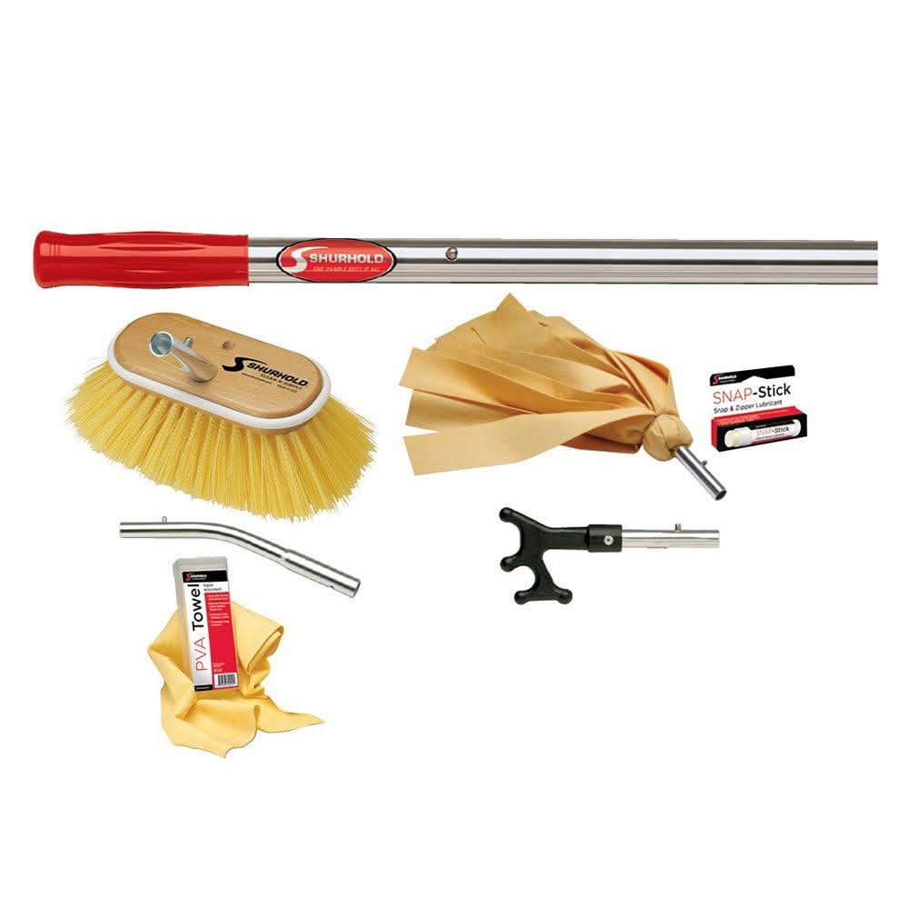 Shurhold Marine Maintenance Kit with telescoping handle, deck brush, boat hook, PVA towel, curved adapter, and Snap-Stick tube