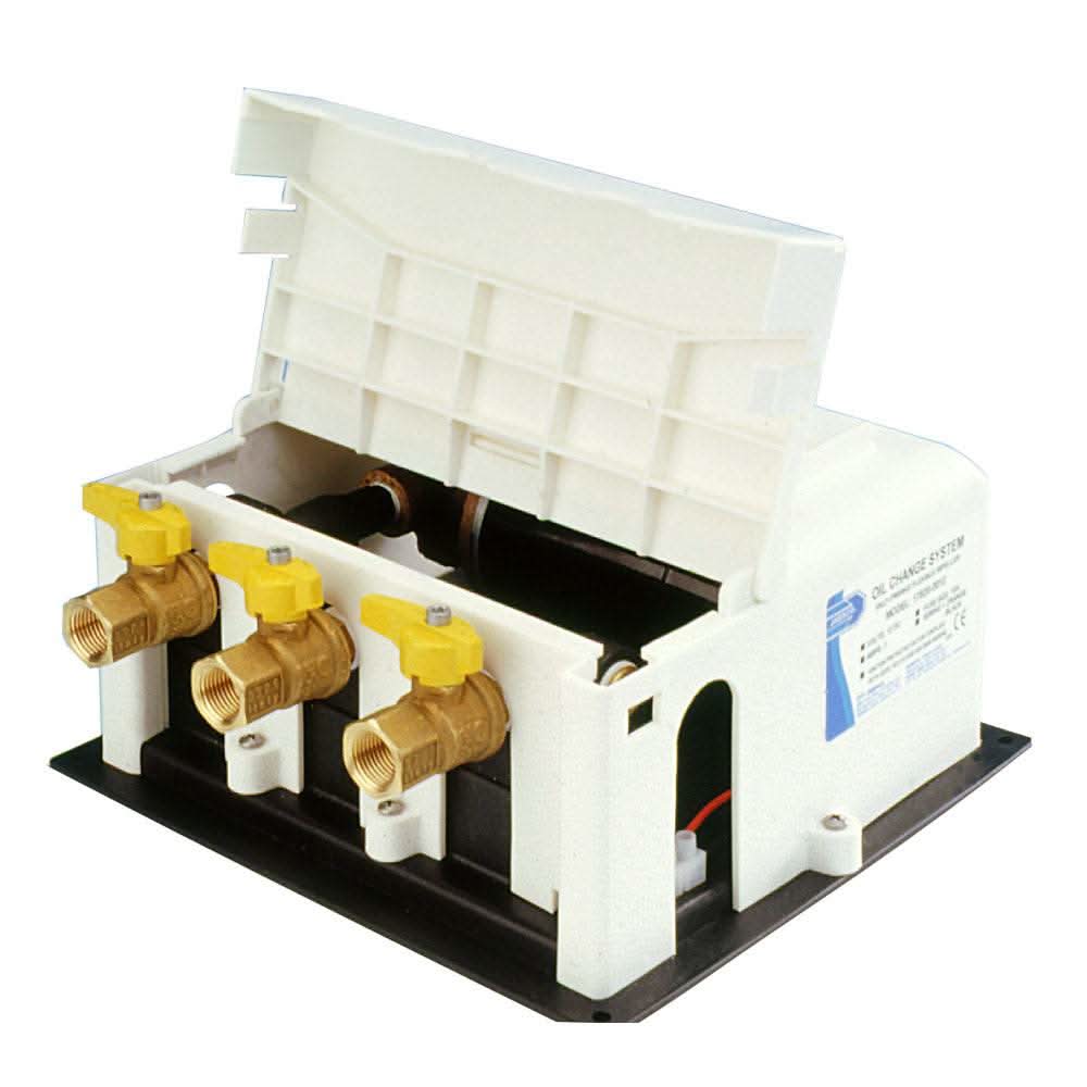 Jabsco 17820 Oil Changer System with three brass ball valves and protective white cover for vessel engine oil maintenance