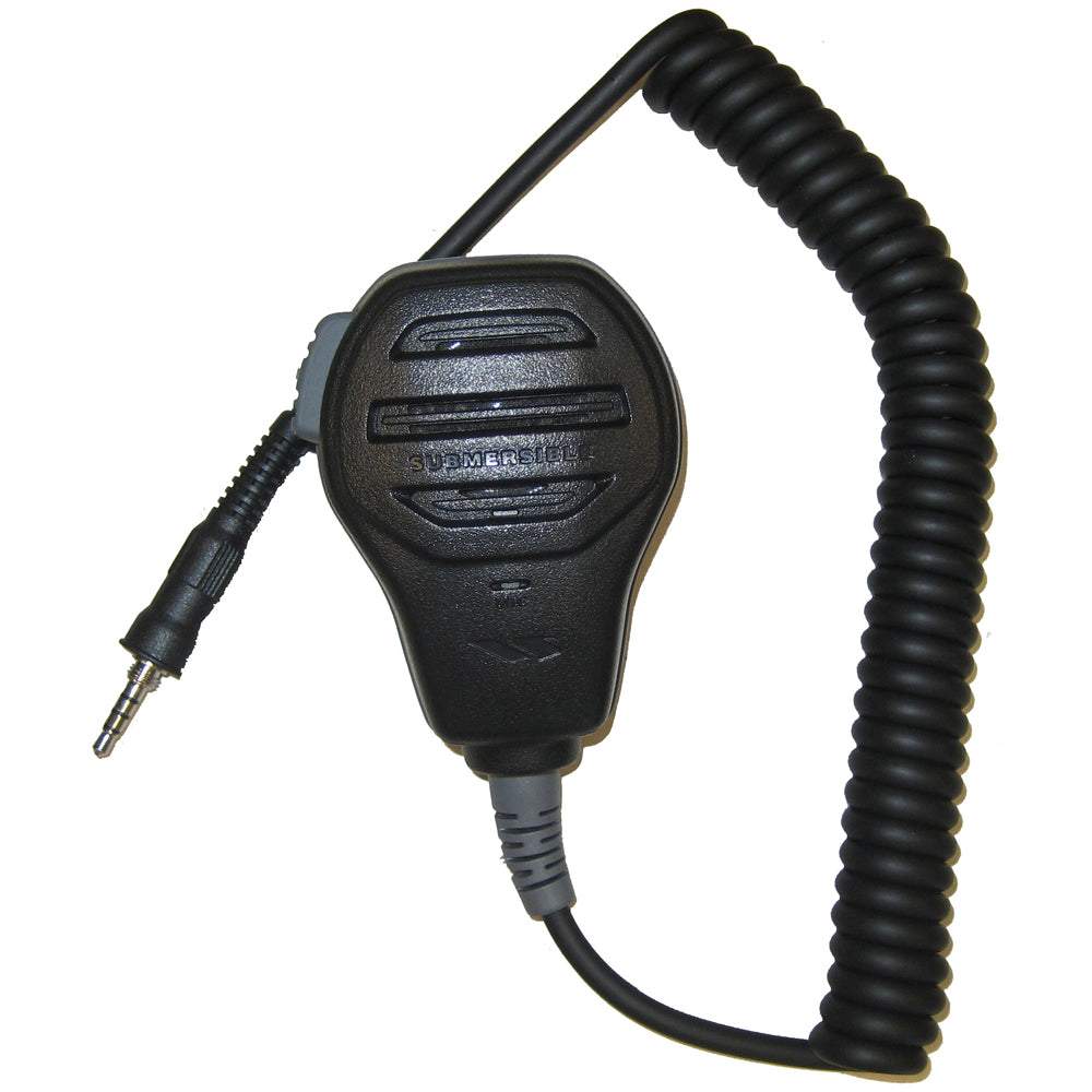 Standard Horizon submersible speaker mic for handheld VHF radios with coiled cord and audio jack plug
