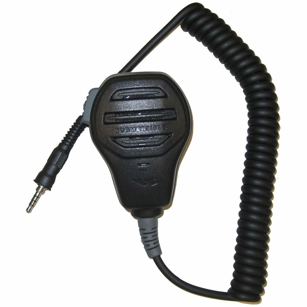 Standard Horizon submersible speaker mic for handheld VHF radios with coiled cord and audio jack plug