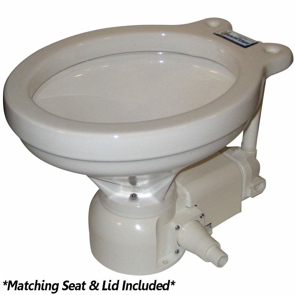 Raritan Sea Era electric marine toilet with integral sea water pump and 90 degree discharge for compact boat spaces