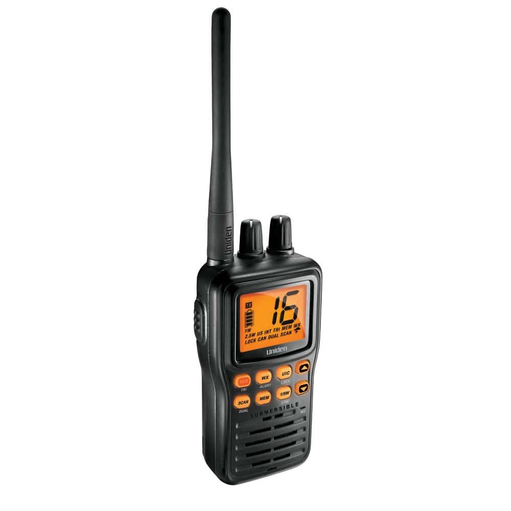 Uniden MHS75 HH VHF submersible handheld marine radio with Li-Ion battery and DC charger