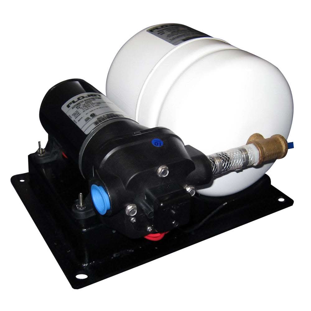 FloJet 12V Water Booster System with 4.5 GPM flow and 40 PSI pressure on mounting board