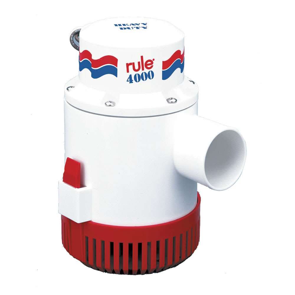 Rule 4000 non-automatic 12V bilge pump with 4000 GPH capacity and 2-inch discharge outlet