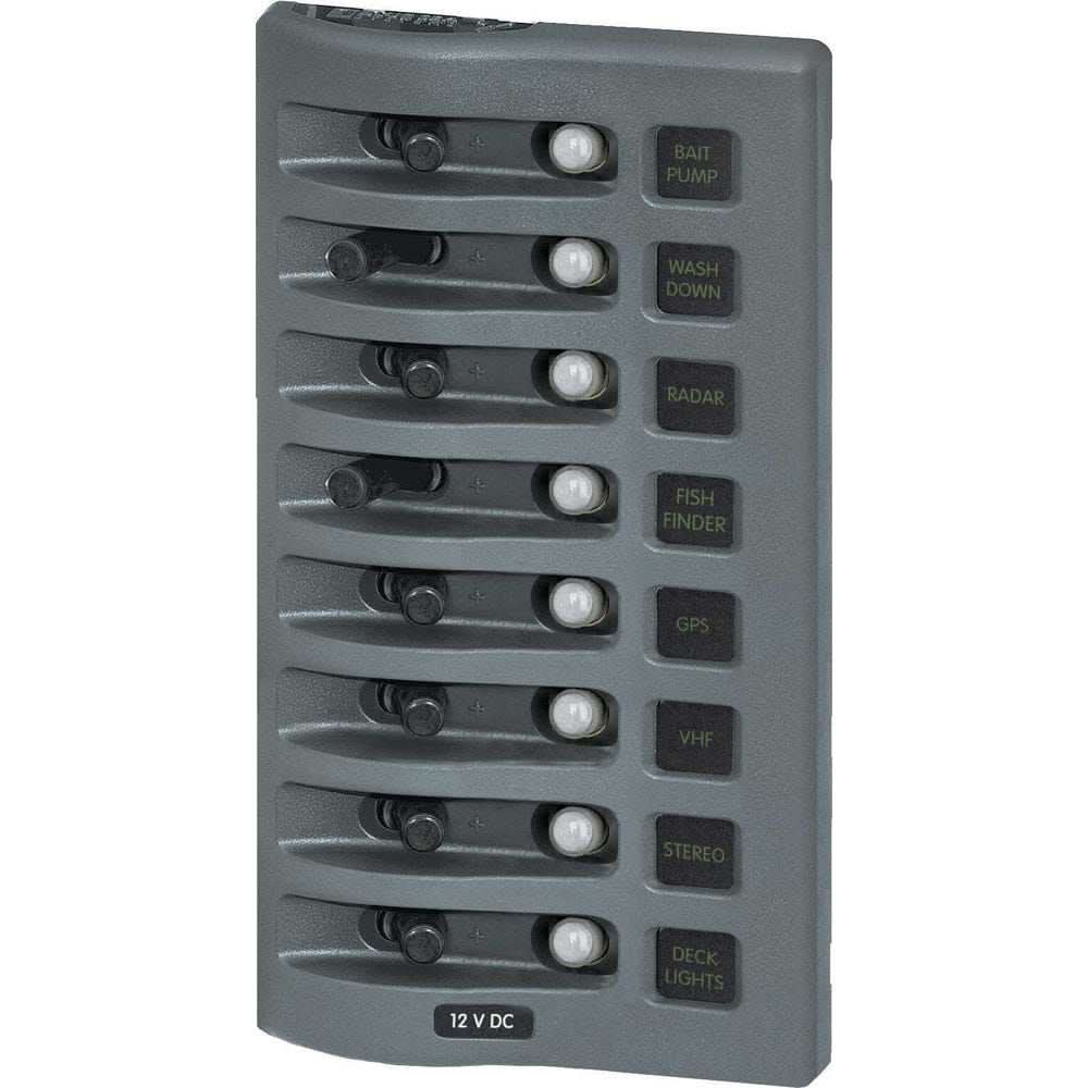 Blue Sea 4378 WeatherDeck water resistant 8-position circuit breaker panel in gray with labeled switches for marine use