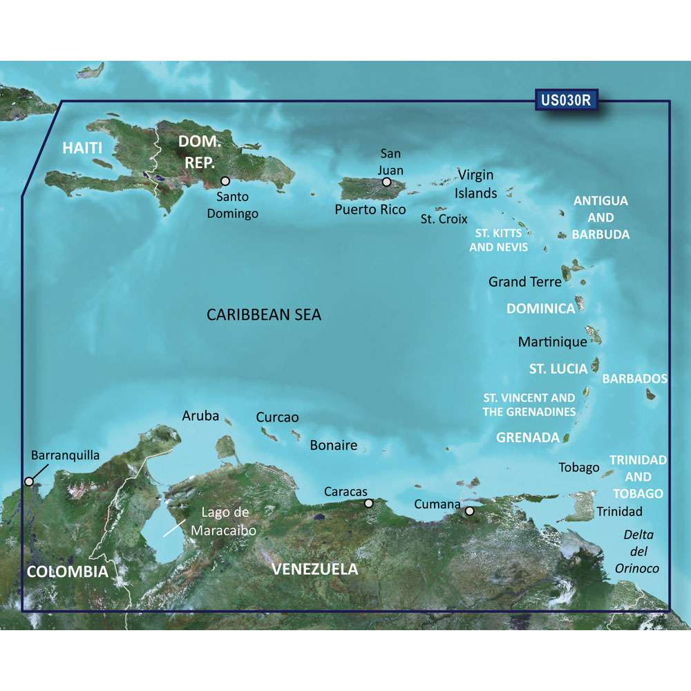 Garmin BlueChart nautical map of Southeast Caribbean including Puerto Rico, Lesser Antilles, Colombia, and Venezuela coasts