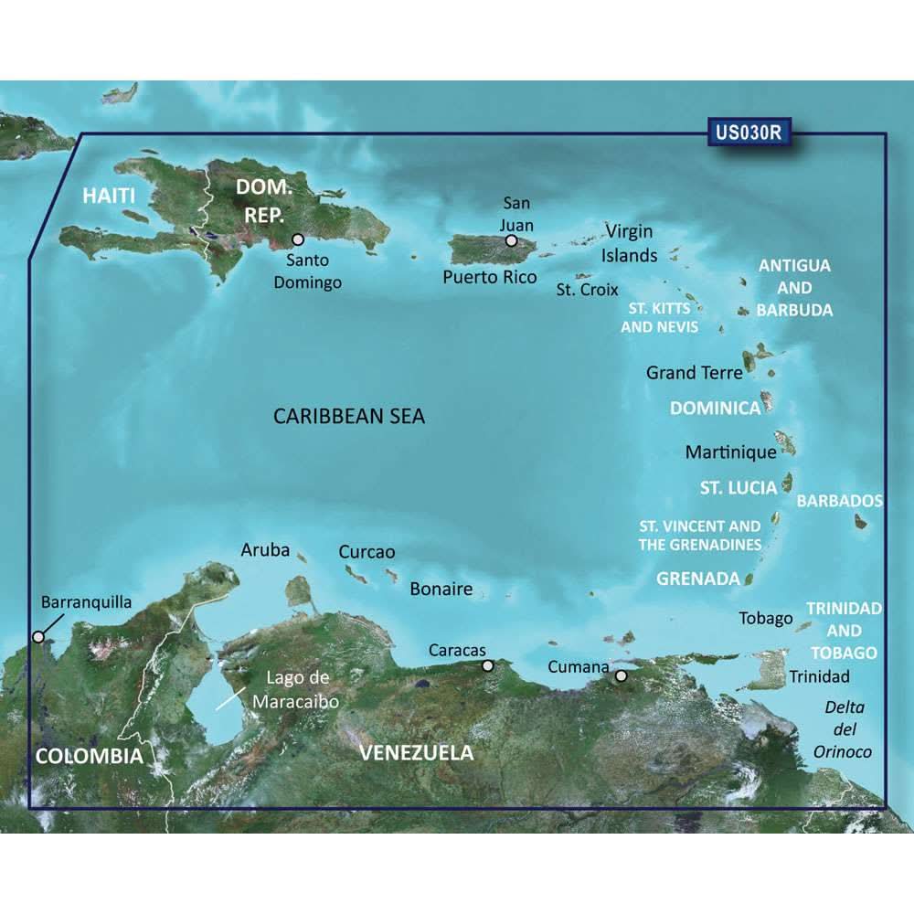 Garmin BlueChart nautical map of Southeast Caribbean including Puerto Rico, Lesser Antilles, Colombia, and Venezuela coasts