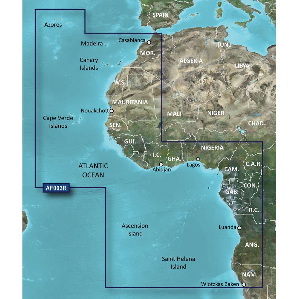 Garmin BlueChart g3 HD detailed marine chart coverage of Western Africa including ports and islands on microSD/SD card